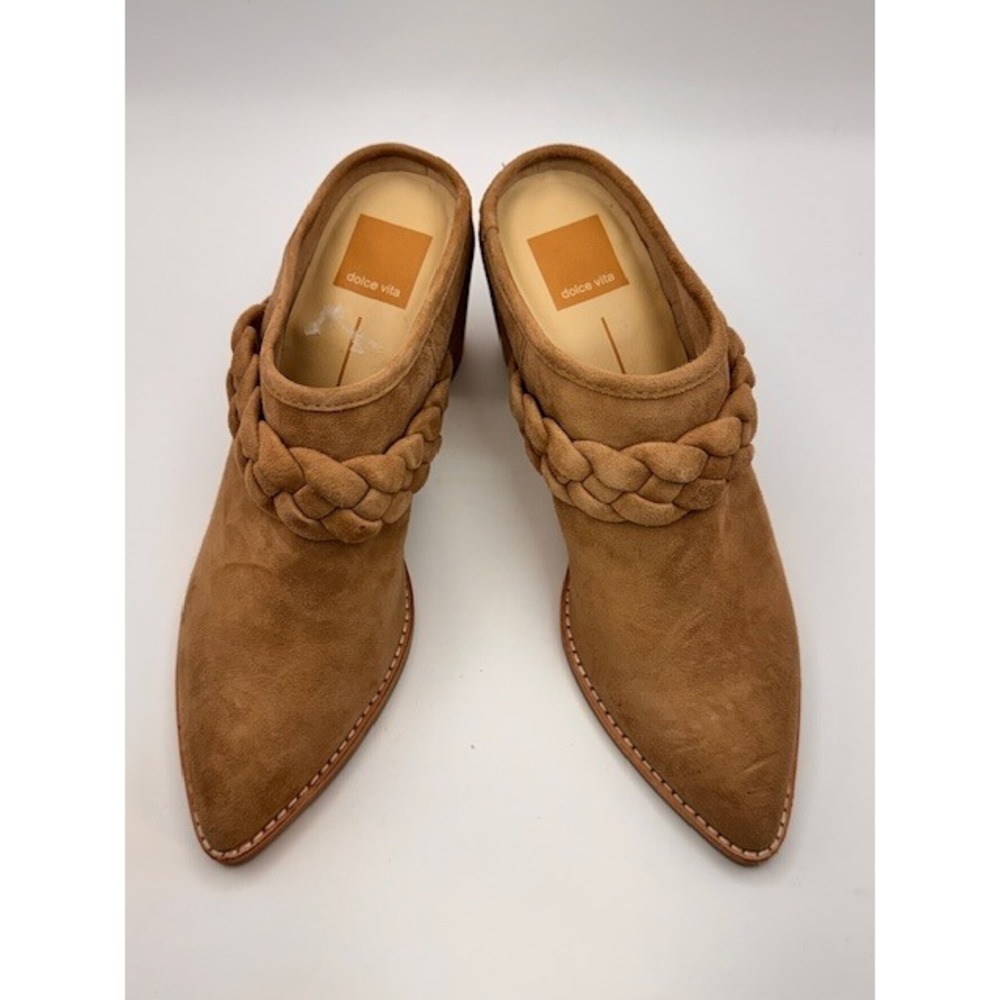 Dolce Vita Tan Suede Braided Block Heel Mules Pointed Toe Slip On Shoes Size 6.5 - Picture 3 of 13